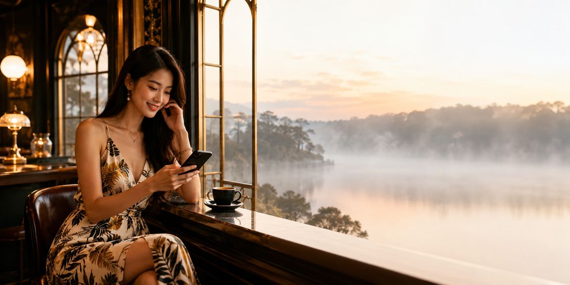 Người dùng chơi casino trực tuyến trên điện thoại tại quán cà phê Đà Lạt với không khí se lạnh