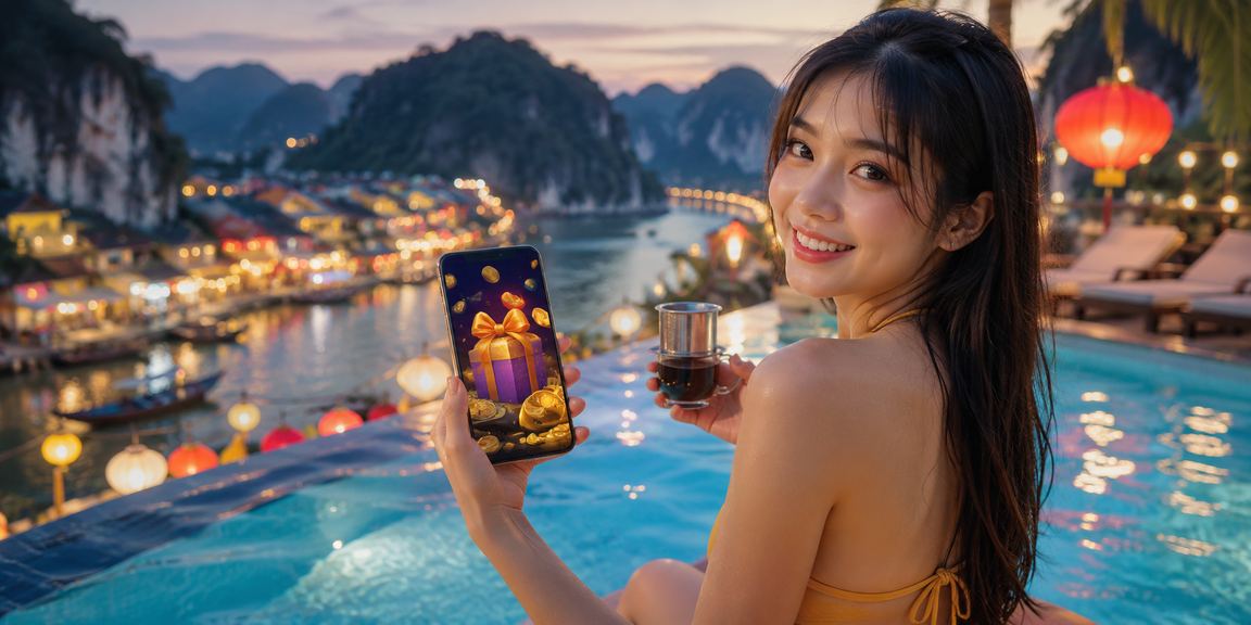 Người dùng kiểm tra thưởng đăng ký và thông tin thanh toán trên điện thoại tại quán cà phê Ninh Bình